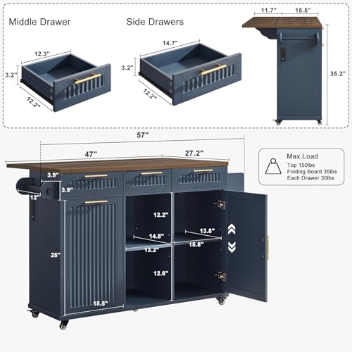 Okvnbjk 57" Rolling Kitchen Island with Storage & Drop Leaf, Navy Blue | Mobile Island with Trash Can Storage Cabinet, Large Island Cart on Wheels with Power Outlet, Spice & Towel Rack - color: Navy Blue