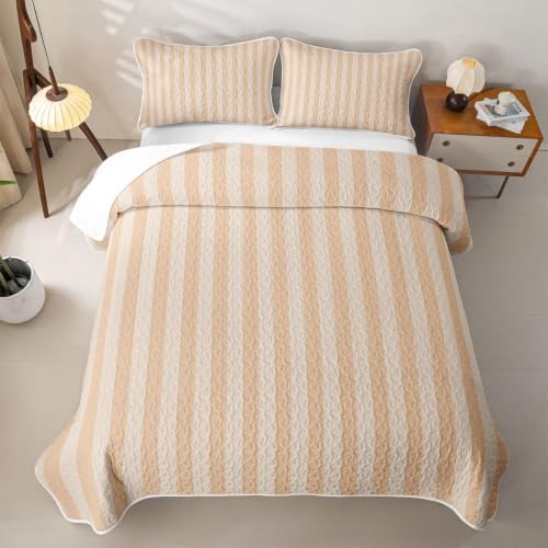 Geometric Stripes Quilted Bedspread Twin Size,Modern Classic Line Patchwork Quilt Bedding Set,Mid Century Minimalist Bed Covers for All Season,Beige Quilted Coverlet 2 Pieces,1 Pillowcase - color: Beige, size: Twin