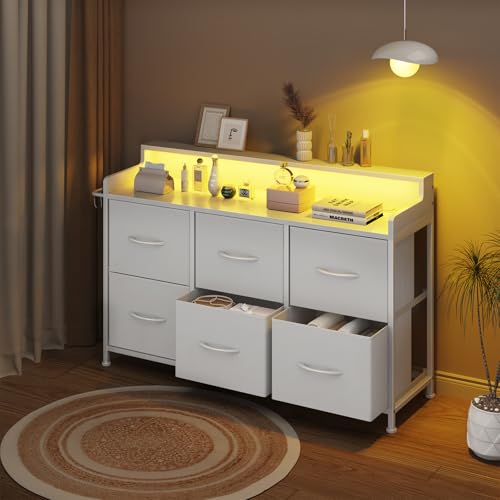 6 Drawer Dresser with Charging Station & LED, Storage Organizer for Bedroom | White Fabric Dresser, Chest of Drawers, TV Stand, Adjustable LED Light, Sturdy Frame, Wood Top, Side Hooks, Fits Small Spaces - color: White