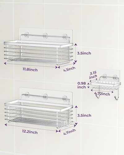 Shower Caddy Adhesive 3 Pack Stainless Steel Storage Organizers-Silver | No drilling wall mounted,rust-resistant,large capacity,quick drainage,easy to clean,suitable for bathrooms and kitchens