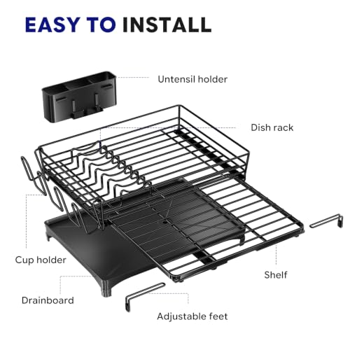 Simple Trending Dish Drying Rack - Expandable Dish Rack for Kitchen Counter, Large Capacity Dish Drainer, Stainless Steel Dish Strainer with Utensil & Cup Holders, Black - size: 21.71"D x 17"W x 6"H