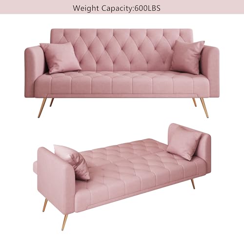 Anwick 72''Modern Velvet Sofa Bed Futon,Convertible Folding Sleeper Couches with 3 Adjustable Backrests,Tufted Recliner Loveseat with Golden Chrome Legs for Living Room Apartment Office (Light Pink) - color: Light Pink