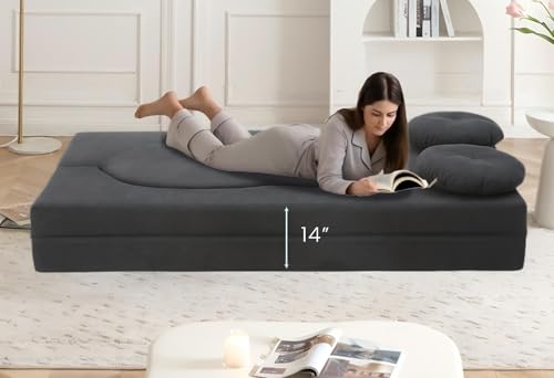 76" Convertible Folding Futon Sofa Bed, Queen Sleeper Sofa with Pillow, Teddy Floor & Futon Loveseat Couch, Foam Folding Mattress Sleeper for Living Room, Guest Use, Apartment, No Assembly (Black) - color: Black