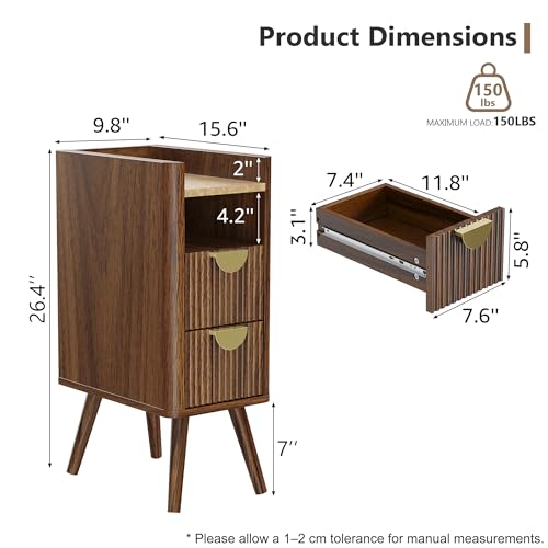 26.4"H Narrow Nightstand Set of 2, 9.8"W Slim Side Table with 2 Fluted Drawers and Open Shelf, Tall Skinny Bedside Table with Curved Corner & Solid Wood Legs for Small Spaces, Bedroom, Walnut - color: Walnut, size: 2 Pack