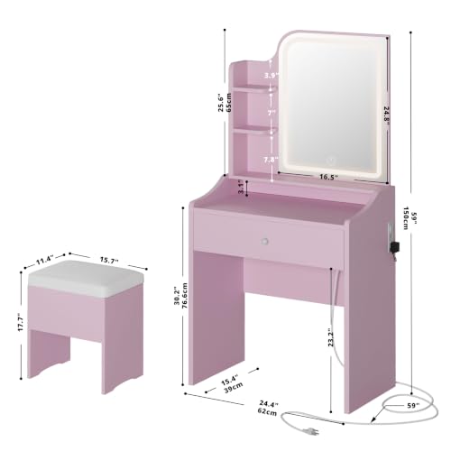 LIKIMIO Small Vanity Desk with Storage Stool and Mirror Lights | Pink compact vanity featuring 3 lighting modes, acharging station, a storage drawer, 3 shelves and padded stool - color: Pink