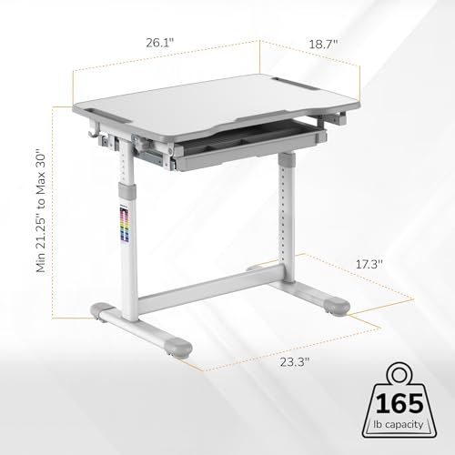 Mount-It! Kids Desk and Chair Set Height Adjustable up to 30" Ergonomic for School - Table and Chairs for Student 26" x 18" Tabletop with Pencil Drawer, 3-10 Age Children, Grey - color: Grey