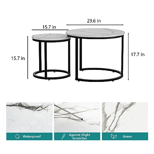 Smuxee White Nesting Coffee Table Set of 2, 23.6" Round Coffee Table Wood Grain Top with Adjustable Non-Slip Feet, Industrial End Table Side Tables for Living Room Bedroom Balcony Yard - color: White-black, size: 23.6"W