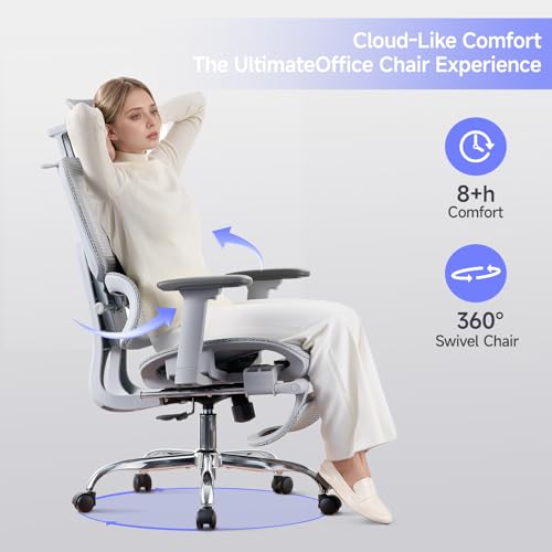 Office Chair with Footrest, Ergonomic Chair with 3D Headrest, Computer Chair with Adjustable Backrest & 3D Armrest, Gaming Chair with Adaptive Lumbar Support, Mesh Backrest & Cushion, Grey - color: Grey, style: Lite