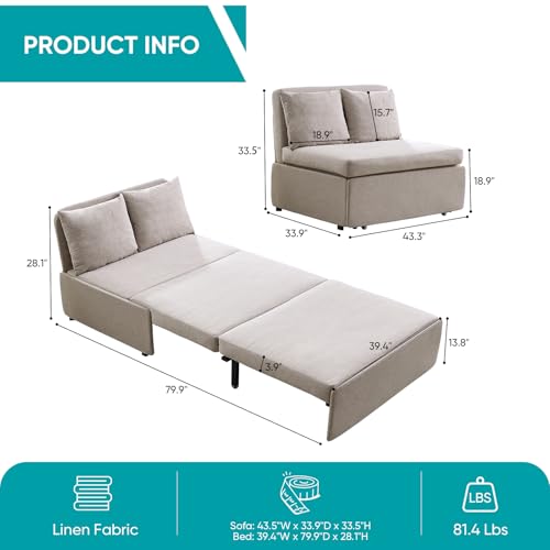 BALUS 43" W Twin Pull Out Sofa Bed Sleeper Couch with Pullout Beds, Convertible 2 in 1 Linen Sleepers Sofas Armless Chair with Pillows and Foldable Mattress for Small Space Apartment Loft, Beige - color: Beige, size: Twin
