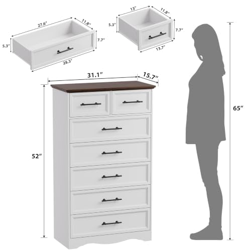 White Dresser for Bedroom, Modern 7 Chest of Drawers, 52" Tall Chest of Drawers w/Brushed Metal Handle, Wood Closet Organizers and Storage Cabinet for Bedroom, Living Room, Hallway - color: White, size: 15.7"D x 52.1"W x 31.1"H (7 Drawers)