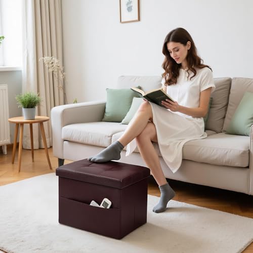 Bsketa Storage Ottoman Bench,16 Inch Folding Leather Foot Rest Stool, Brown | Small Ottoman with Side Pockets, Thicker Foam Padded Seat, Livingroom, Dorm, Bedroom, Easy to install, 38L,16x12x12in - color: Brown-with Side Pockets..