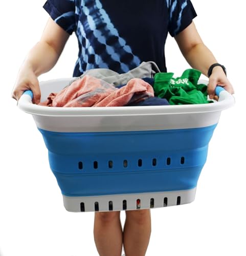 SAMMART 37L (9.77 gallon) Collapsible Plastic Laundry Basket - Foldable Pop Up Storage Container/Organizer - Space Saving Hamper/Basket (1, White/Marine Blue) - color: White/Marine Blue