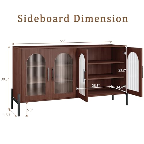 HUAHUU 55" Buffet Cabinet with Storage, Large Sideboard Cabinet with Fluted Doors & Adjustable Shelves, Modern Kitchen Storage Cabinets for Living Room, Entryway, Walnut - color: Walnut, size: 15.7"D x 55"W x 30.5"H