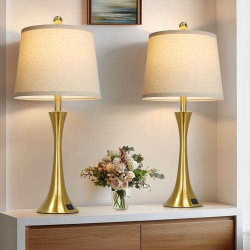 Rinweey 27.5" Gold Lamps Set of 2, Touch Control 3-Way Dimmable Bedside Nightstand Lamps Bedroom Lamp,Modern Gold Table Lamp with USB A+C Ports,Tall Lamps for Living Room End Table Home Office - color: Gold