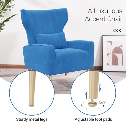 Nebuaegis Velvet Accent Chair Set of 2Wingback for Living Room, High Back Arm Chair with Golden Legs Lumbar Pillow, Upholstered Single Sofa Bedroom Blue - color: Blue, size: Set of 2