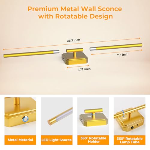 Battery Operated Wall Sconces Set of 2 Detachable 360°Rotate Dimmable | 3000-6500K Wall Lamps with Remote Control 10000mAh Rechargeable Wall Lights for Bedroom Living Room 28.3" Gold - color: Gold-Square Base, size: 2 Pack