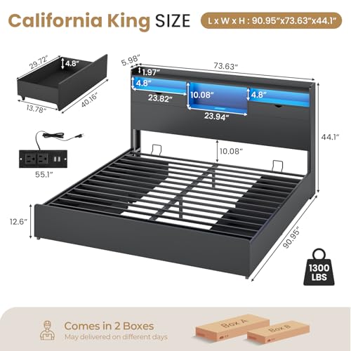 DICTAC California King Bed Frame with Storage Headboard and 4 Underneath Drawers, Black Platform Bed with LED Lights and Charging Station, Heavy-Duty Metal Slats, No Box Spring Needed, Quiet & Sturdy - color: Classic Black, size: California King