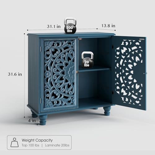 Jiansu furni Sideboard Buffet Cabinet with Storage, 31.6" High Accent Cabinet with 2 Carved Doors, Sturdy Storage Organizer with Solid Wood Bun Feet for Kitchen Coffee Bar, Blue - color: Blue_2 Doors