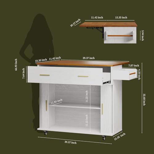 DHH Rolling Kitchen Island with Drop Leaf Countertop&Ample Storage - 39.4" Small Mobile Kitchen Cart On Wheels with Sliding Door,Drawers,Spice Rack & 2-Tier Storage(Grayish White) - color: Grayish White