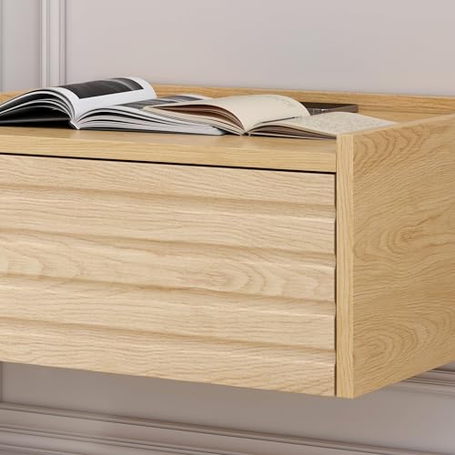 homary Floating Wooden Nightstand with Light & Charging Station, Wall Mounted Nightstand with Drawer, Wireless Charging, USB Ports, Modern Natural Floating Bedside Table for Bedroom