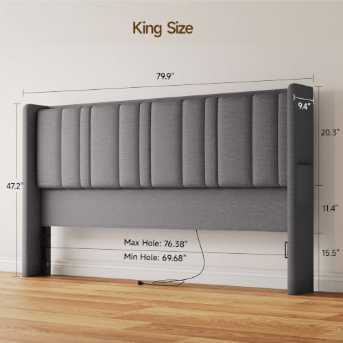 King Size Headboard with Storage, LED Light, Grey | Linen Vertical Wingback Headboard w/ Charging Station, Upholstered Head Board w/ High-Density Foam Padding, 2 Storage Pockets - color: Gray, size: King