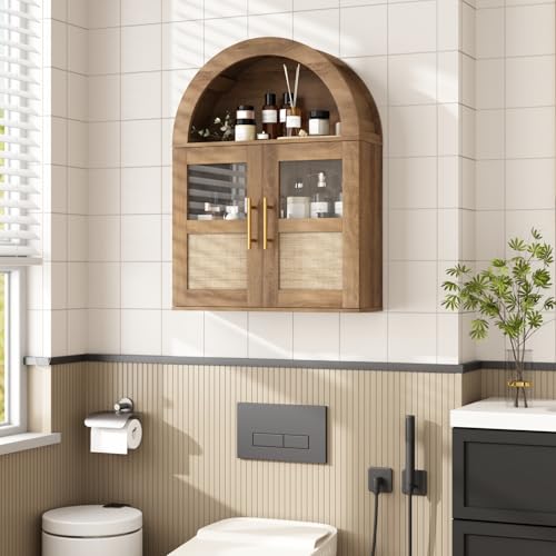 RUSTOWN Arched Bathroom Wall Cabinet with 2 Glass & Rattan Doors | Rattan Medicine Cabinet, Farmhouse Over the Toilet Storage Cabinet, Adjustable Shelves, 3-Tier Wall Mounted Cabinets - color: Rustic Oak
