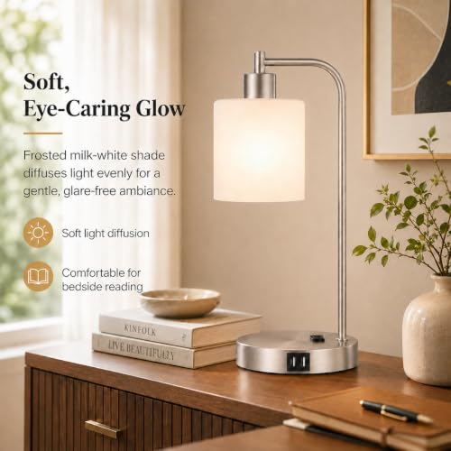 Set of 2 Industrial Touch Control Table Lamps with 2 USB Ports and AC Outlet - 3-Way Dimmable Nickel Bedside Lamp Nightstand Desk Lamps for Bedroom Living Room, Opal Glass Shade & 2 LED Bulbs Included - color: Nickel(2 pack)-Opal Glass-Touch Control