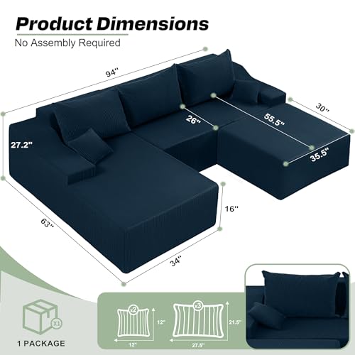 94“ U Shaped Modular Sectional Couch for Living Room, Modular Cloud Sofa with Ottoman, No Assembly Boneless Couches with Deep Seat, Corduroy Fabric (Blue, Left Facing) - color: Corduroy Blue, size: 94" U-Shaped Sofa-L