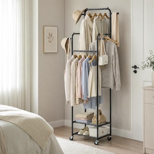 Small Clothing Rack with Wheels, Narrow Rolling Clothes Rack with 2 Shelves | Gasvadivum 71" Tall Sturdy Metal Garment Rack with 4 Hanging Rods & 4 Hooks, Portable Coat Rack for Bedroom, Bathroom, Black - color: Black
