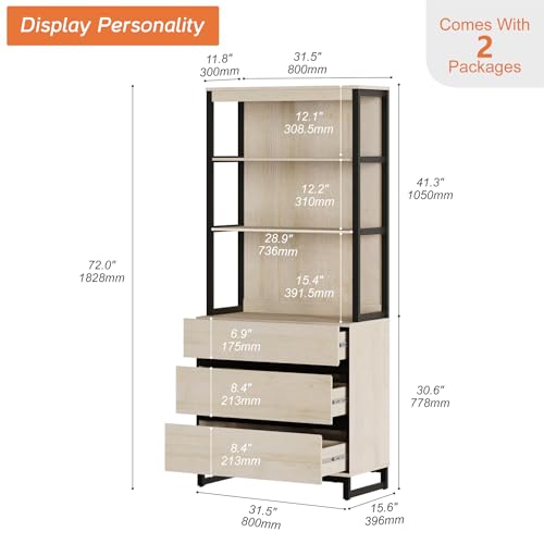 WAMPAT Modern 72" Tall Bookshelf with 3 Drawers and Open Book Shelves, Library Bookcase with Storage Cabinet, Wood Freestanding Book Shelf for Home Office, Living Room, Beige - color: Beige-b, size: 1 PCS