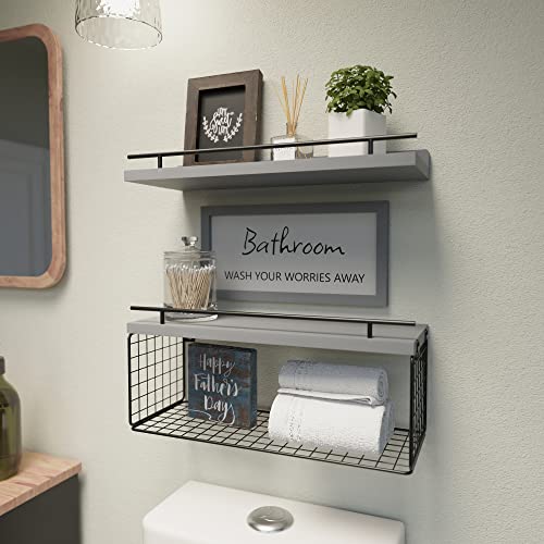 Floating Shelves for Wall Decor Sign, Bathroom Organizers and Storage, Bathroom Shelves Over Toilet with Metal Guardrail-Modern Grey - color: Modern Grey