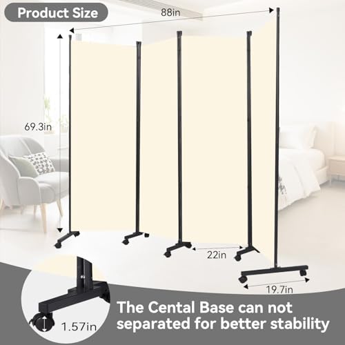 Folding Room Divider W/Wheels,Heavy Duty Base Privacy Screen Separator | 360° Smooth Lockable Rolling Wheels,Foldable Freestanding Wall Divider,Easy Movable Partition for Room Separation - color: Beige, size: B-88''W-4 Panel