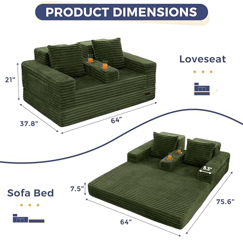 MAXYOYO Sofa Bed, 64-Inch Boneless Loveseat with 2 Cup Holders | Striped Green 4-in-1 Sofa Converts Into a Floor Couch or Recliner Chair; Sofa-in-a-Box Needs No Assembly for Living Rooms - color: Striped Green, size: Standard(64" Length)