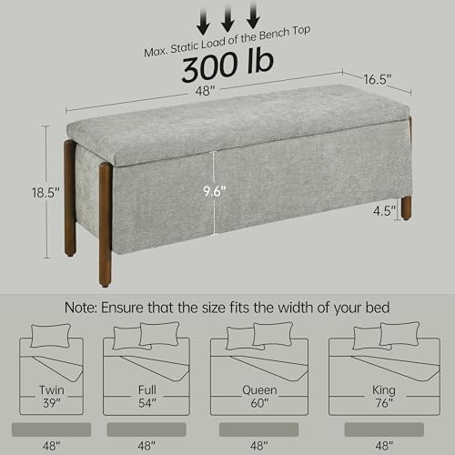 Usaint 47" Fabric Upholstered End of Bed Storage Ottoman Bench, Grey | Entryway Bench with Storage and Rubberwood Legs, 24.5 Gallons Storage Space, Hinged, for Bedroom, Living Room - color: Grey