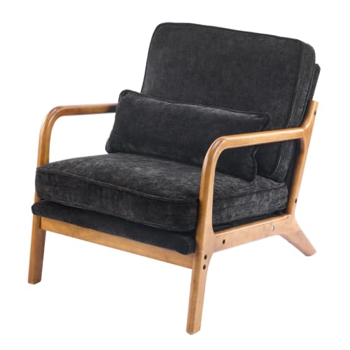 Karl home Mid-Century Modern Accent Reading Chair, Black | Chenille Upholstered, Solid Wood Frame, Soft Cushion, Lumbar Pillow, Lounge Armchair for Living Room, Bedroom, Balcony, Study - color: Chenille Black
