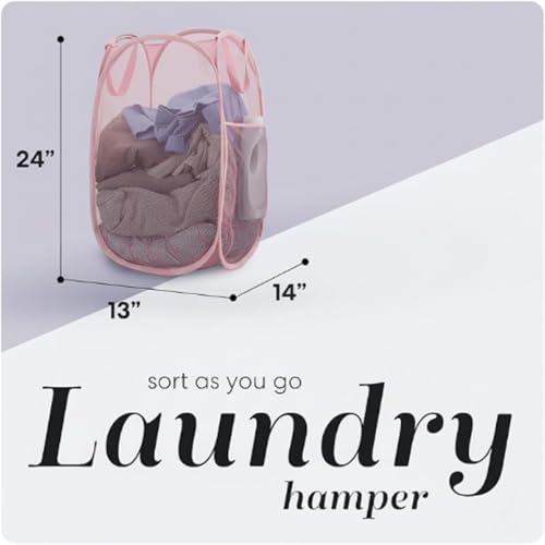 Handy Laundry Collapsible Mesh Pop Up Laundry Hamper with Side Pocket, Breathable & Space-Saving Foldable Basket for Clothes, Toys, Travel, Storage, 14 x 13 x 24 in, Pink - color: Pink