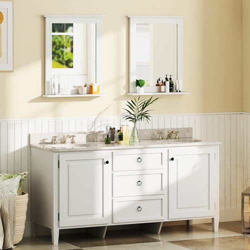 CHARMAID Bathroom Mirror with Shelf - 27" x 22.5" Wall Mirror Over Bathroom Sink, Wooden Frame Modern Rectangular Hanging Vanity Makeup Mirrors for Washroom, Entryway (White,27" L x 22.5" W) - color: White