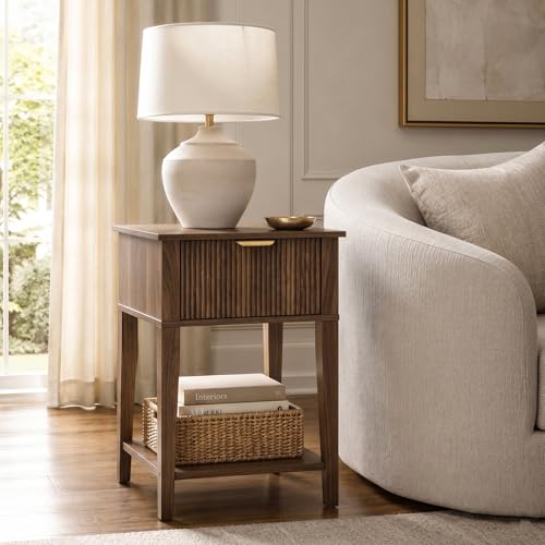 Dark Walnut 15.4" Wide Small Nightstand with Drawer,Open Shelf,Fluted | Deep wood tone, ribbed fluted front, 11.8-inch slim depth, concealed storage, styled for bedside, sofa side, or chair side - color: Dark Walnut