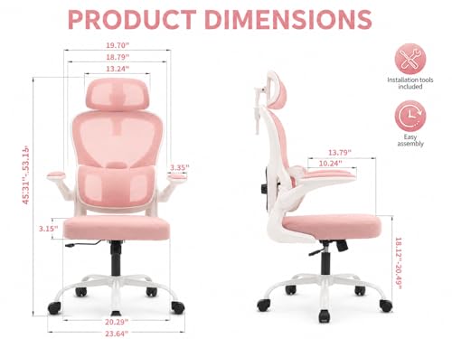Ergonomic Office Chair with Adjustable Headrest & Lumbar Support, High Back Mesh Desk Chair, 330 LBS Capacity Swivel Computer Chair with Flip-Up Arms, Home Office Gaming Chair(Pink) - color: Pink