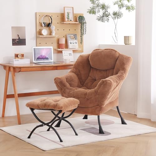 Welnow Lazy Chair with Ottoman, Reading Chair with Footrest, Plush Brown | A Side Pocket,Armrests,Foldable Footrest,Thick Cushioned Seat & Backrest, Lounge Chair for Bedroom,Living Room & Small Space - color: Plush Brown
