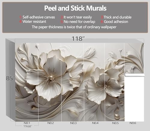 XMPMBM-Peel and Stick 3D Embossed Flowers Wallpaper Beige Floral wall Mural | Thick and tear-resistant,Will not be damaged during repositioning,Living Room Bathroom,Bedroom wallpaper.M-118"X85" - color: M11, size: 118"x85"