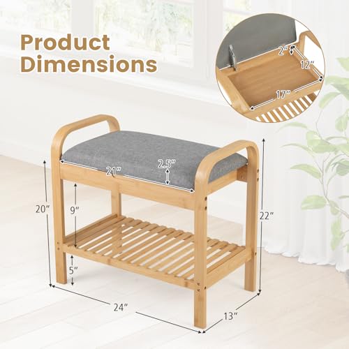 GOFLAME Bamboo Shoe Bench with Storage, 2-Tier Entryway Bench with Flip-Top Storage and Padded Seat Cushion, Shoe Rack Organizer with Shelf for Hallway, Bedroom, Living Room - style: With Storage - Small Size