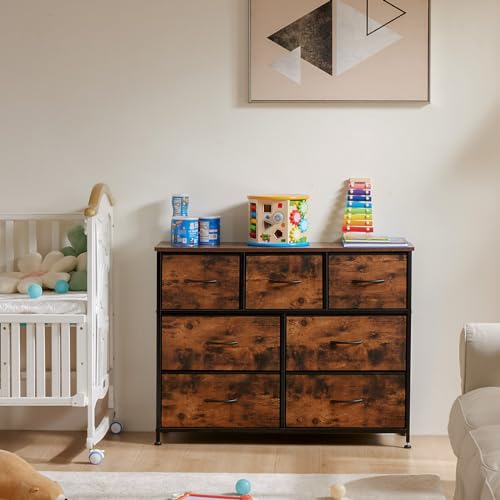 OLIXIS 7 Drawer Fabric Dresser, Storage Tower for Bedroom and Closet | Easy-Pull Bins for Closet Organizers, Chest of Drawers with Sturdy Steel Frame & Wooden Top for Living Room, Entryway, Brown - color: Rust Brown, size: 11.8"D x 39.4"W x 30"H (7 Drawer