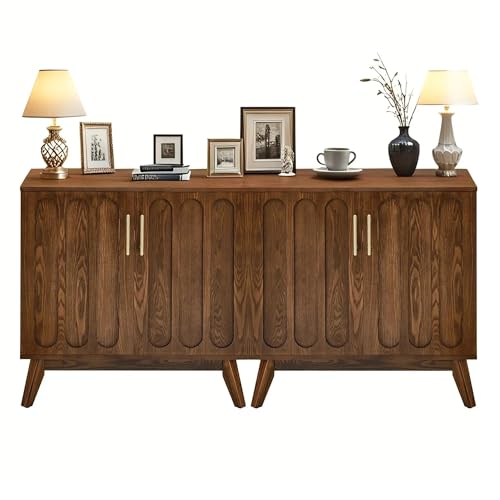 Small Sideboard Buffet,Mid Century Modern Storage Cabinet with Doors | Real Wood Veneer Credenza Storage Cabinet,Living Room Accent Cabinet,Small Walnut Sideboard Buffet,Boho Bar Cabinet - color: Walnut