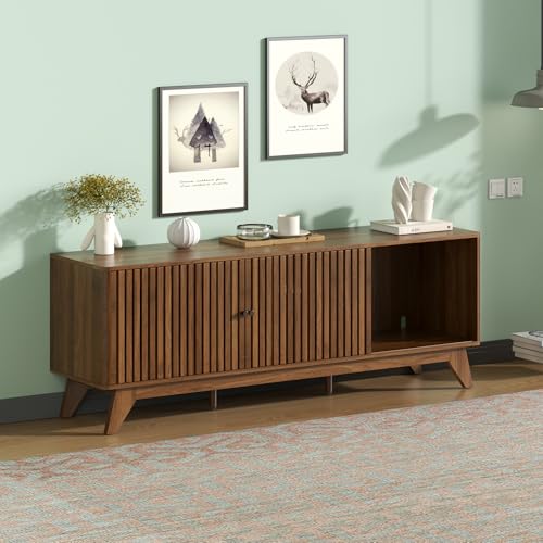 63" TV Stand, Media Console for TVs up to 70", Walnut | Mid-Century Modern Design, Fluted Sliding Doors, Storage Cabinets, Cable Management, Media Console for Living Room, Bedroom