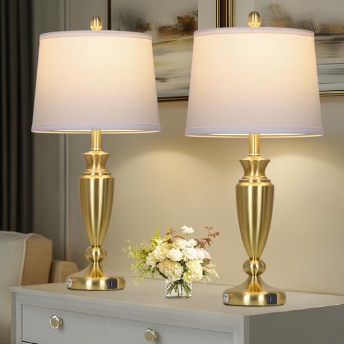 Rinweey 27'' Gold Table Lamps for Living Room with White Lampshade, 3 Way Touch Control Bedside Lamps Set of 2 with USB A+C Ports, Modern Metal Nightstand Lamp for Bedroom Office End Table - color: Gold-27"H