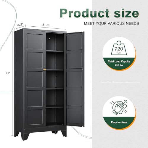 71" H Metal Storage Cabinet with 2 Doors and 4 Shelves,Tall Kitchen Pantry Cabinets,Utility Pantry Organizers for Cupboard/Dining/Bathroom/Home Office/Garage (Black, 71" H x 16" D x 32" W) - color: Black, size: 16"D x 32"W x71"H-C