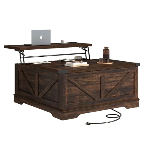 Hlivelood 40” Large Farmhouse Lift Top Coffee Table with Power Outlets and Large Hidden Storage, Square Wood Living Room Tables, Multi-Function Lift Wooden Barn Door Center Table, Brown - color: Brown