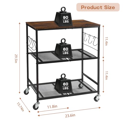 3 Tier Rolling Microwave Cart with Storage, Kitchen Organizer on Wheels | Wood and metal construction, kitchen pantry storage, coffee bar organizer, rolling microwave cart, space-saving design - color: Black