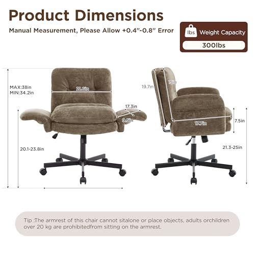 FiveWillowise Cross Legged Office Chair with Flip-up Arms&Low Back,Brown | Criss Cross Chair With Thicken Wide Seat,Lounge Makeup Vanity Chairs with Side Pockets,Comfy Home Office Desk Chair,Chenille - color: Brown